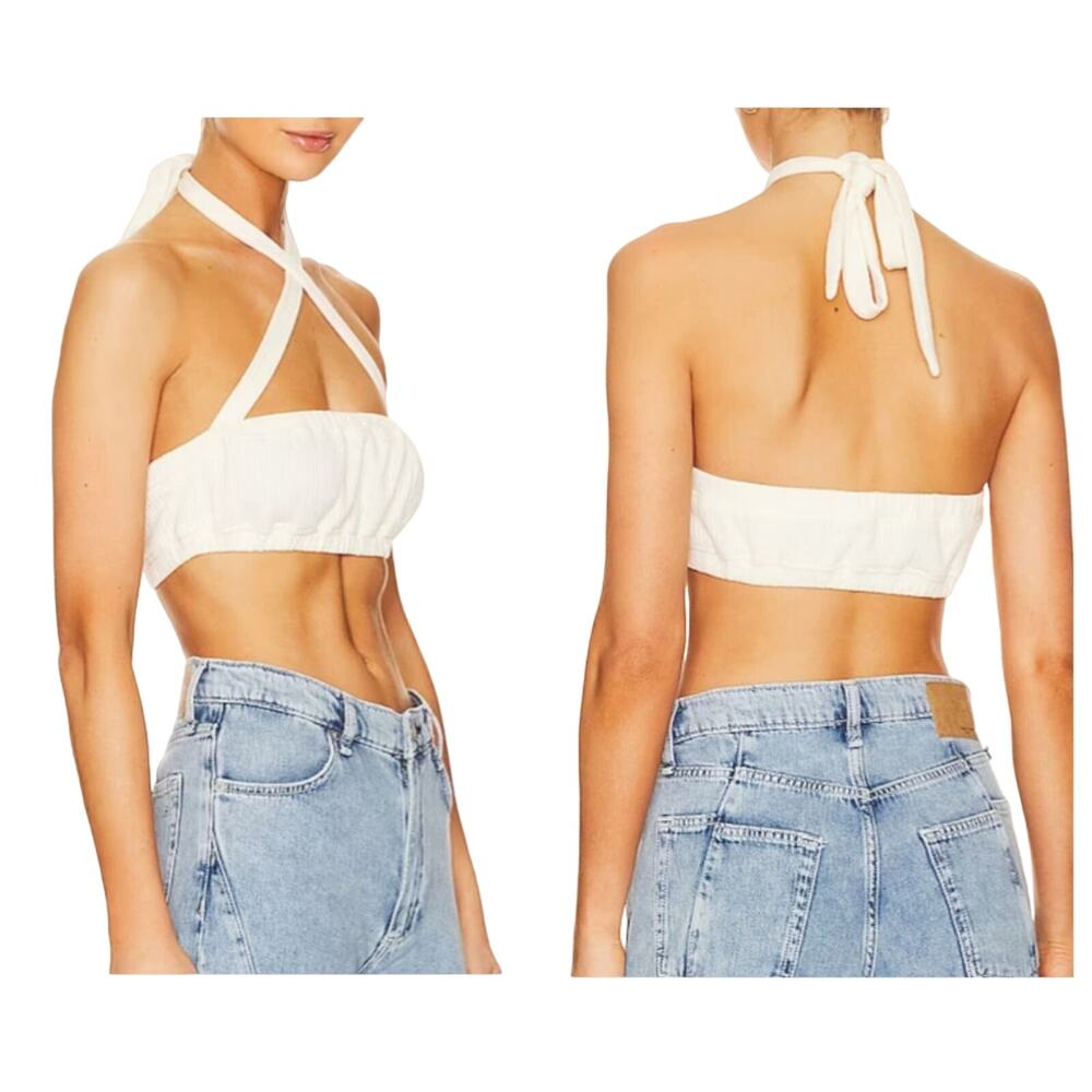 WeWoreWhat Tie Halter Bra Top Ribbed Elastic Trim Ivory Women's Size Large New